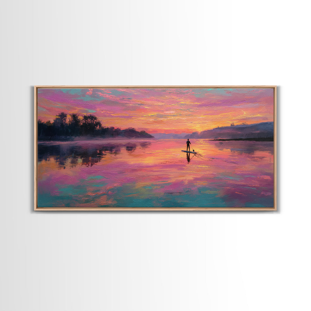 Paddleboarder On Pink Sunset Lake Wall Art, Colorful Seascape Canvas Print, Romantic Coastal Decor, Large Living Room Art