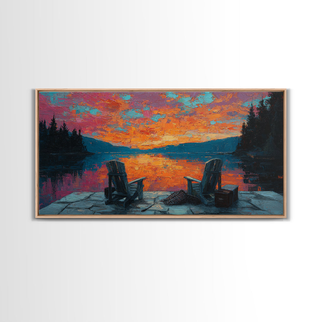 Two Adirondack Chairs By Vivid Lake Sunset Canvas Print, Cabin Wall Art, Rustic Decor, Lake House Decor, Cozy Gift For Living Room