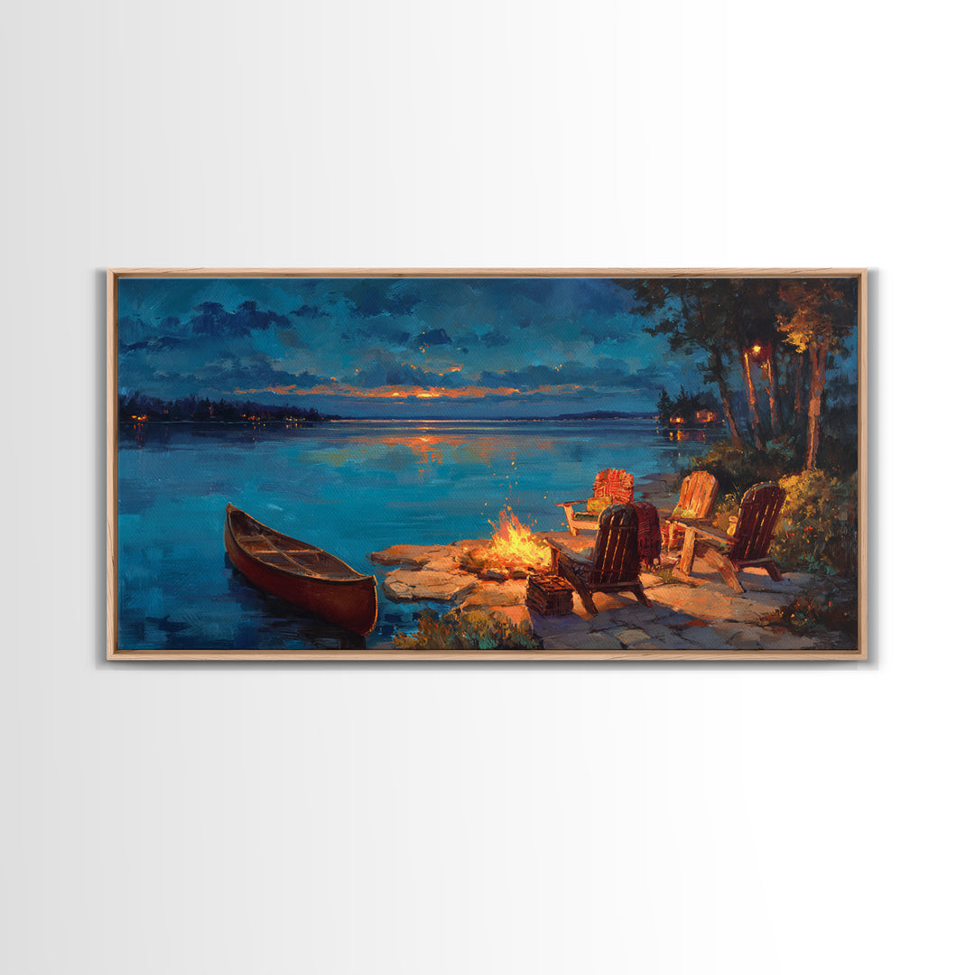 Cozy Lakeside Campfire Wall Art, Adirondack Chairs And Canoe Canvas, Rustic Lake House Cabin Decor For Living Room Decor