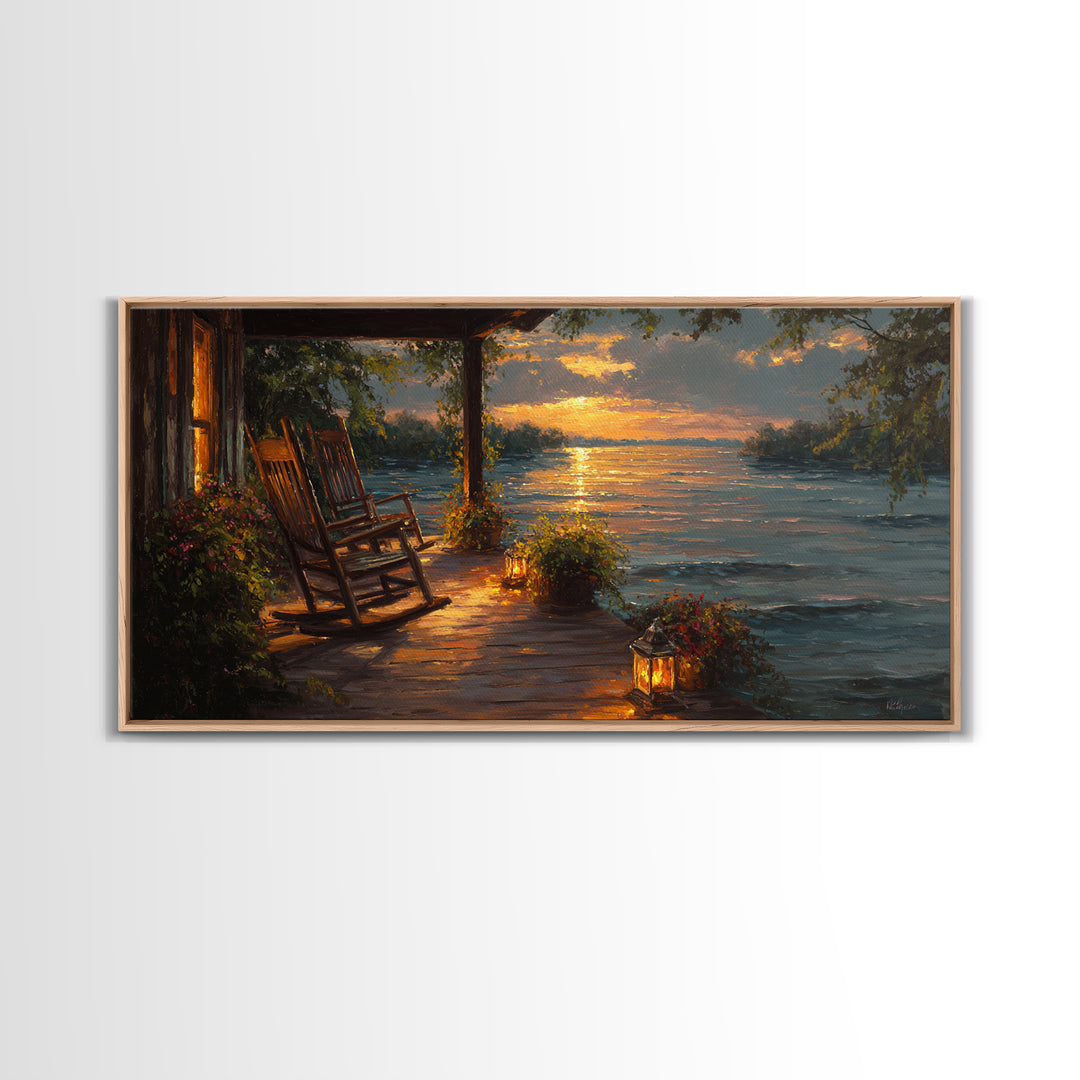 Sunset Porch Rocking Chair By Lake Wall Art, Cozy Cabin Canvas Print, Rustic Lakeside Home Decor, Housewarming Gift, Living Room Decor