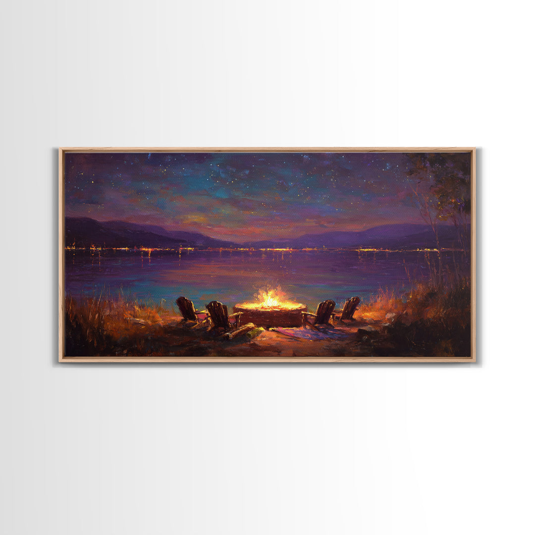 Campfire By Starlit Mountain Lake Canvas Print, Cozy Cabin Wall Decor, Rustic Landscape Art, Nature Lover Home Decor Gift