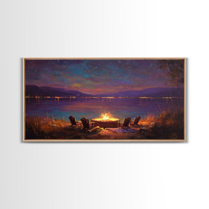 Campfire By Starlit Mountain Lake Canvas Print, Cozy Cabin Wall Decor, Rustic Landscape Art, Nature Lover Home Decor Gift