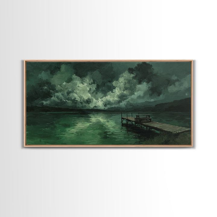 Moody Green Lake Dock At Stormy Night Wall Art, Dark Landscape Canvas Print, Rustic Cabin Decor, Emerald Nature Painting