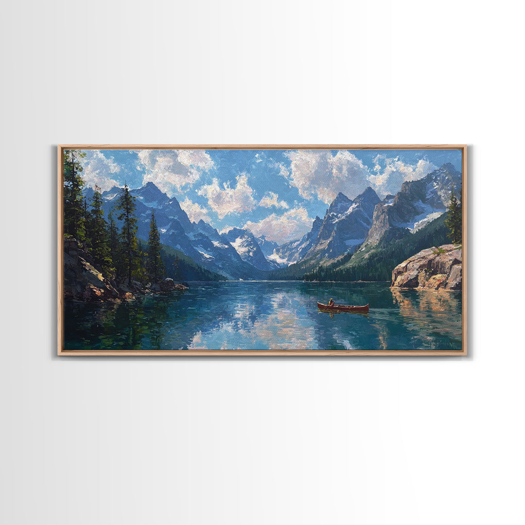 Mountain Lake Canoe Wall Art, Alpine Landscape Canvas Print, Serene Nature Decor, Large Rustic Cabin Gift For Living Room