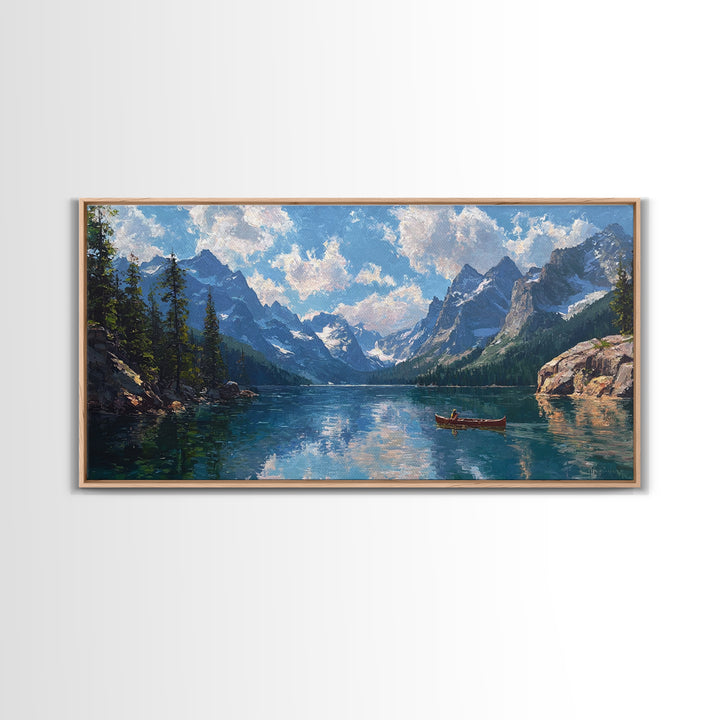 Mountain Lake Canoe Wall Art, Alpine Landscape Canvas Print, Serene Nature Decor, Large Rustic Cabin Gift For Living Room