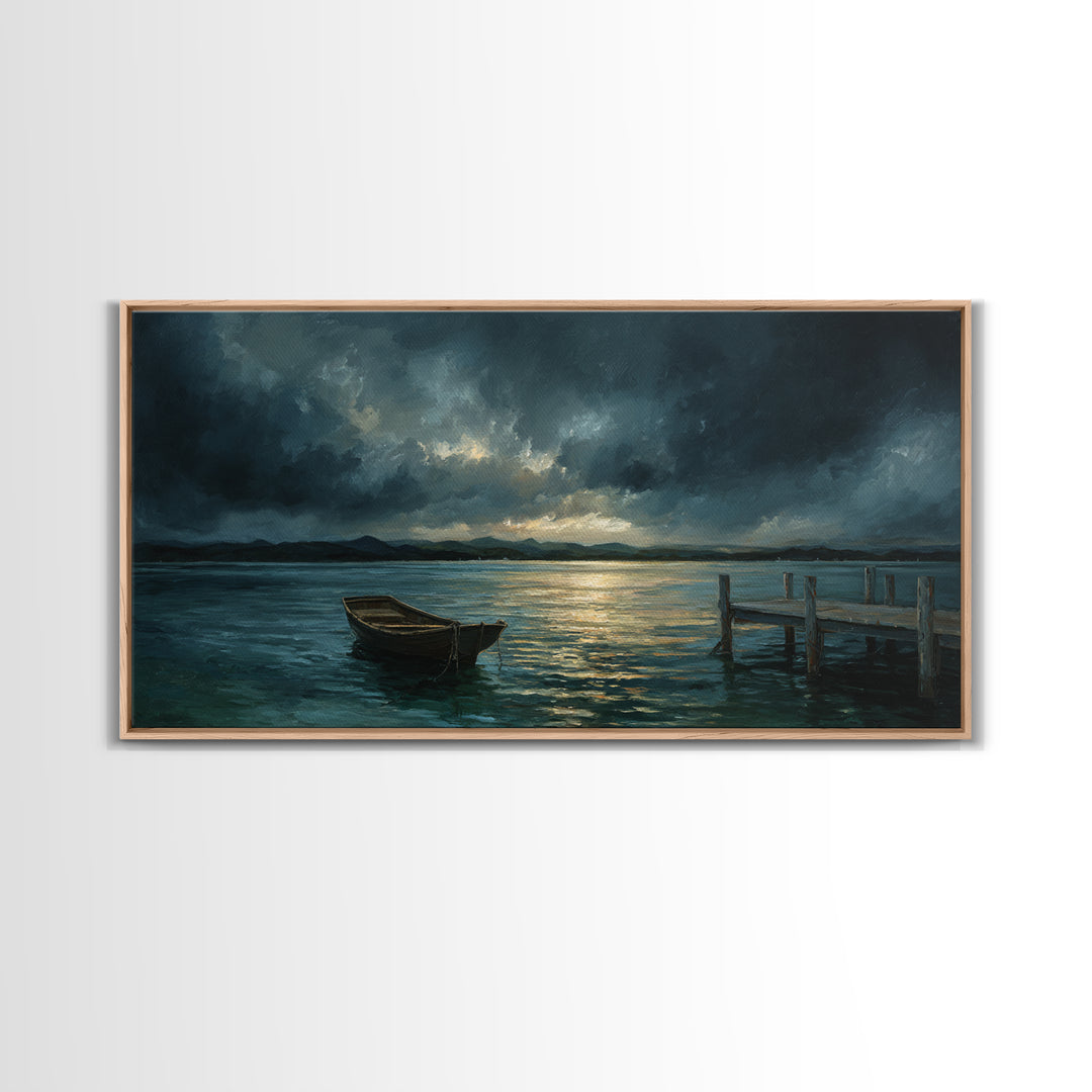 Stormy Row Boat And Wooden Dock Seascape Wall Art, Moody Ocean Canvas Print, Coastal Decor, Nautical Wall Decor Gift For Him