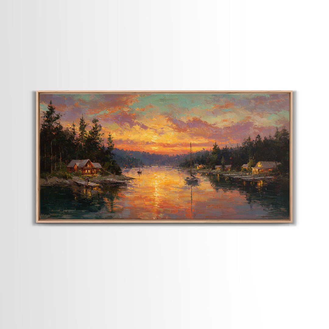 Glowing Lakeside Cabins At Sunset Framed Canvas Print, Rustic Lake House Wall Art, Cabin Decor, Landscape Painting, Living Room Decor