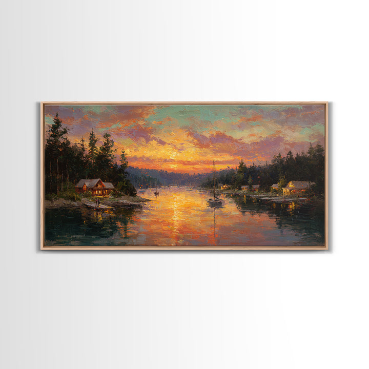 Glowing Lakeside Cabins At Sunset Framed Canvas Print, Rustic Lake House Wall Art, Cabin Decor, Landscape Painting, Living Room Decor