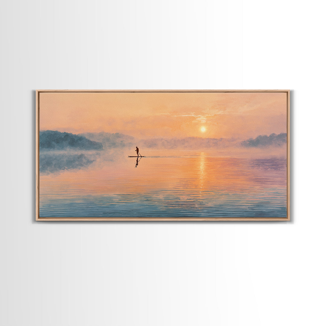 Minimal Paddleboarder On Misty Sunrise Lake Canvas Print, Calming Wall Art, Coastal Decor, Minimalist Landscape Art, Bedroom Decor