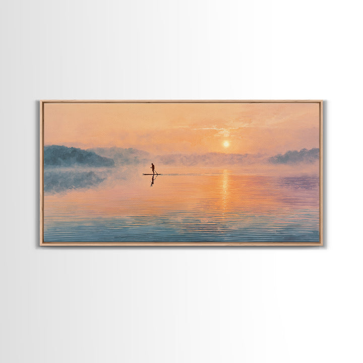 Minimal Paddleboarder On Misty Sunrise Lake Canvas Print, Calming Wall Art, Coastal Decor, Minimalist Landscape Art, Bedroom Decor