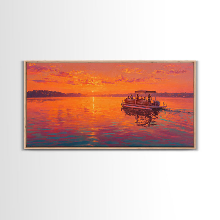 Orange Sunset Pontoon Boat On Calm Lake Framed Canvas Print, Lake House Wall Art, Nautical Decor, Summer Home Decor, Gift For Him