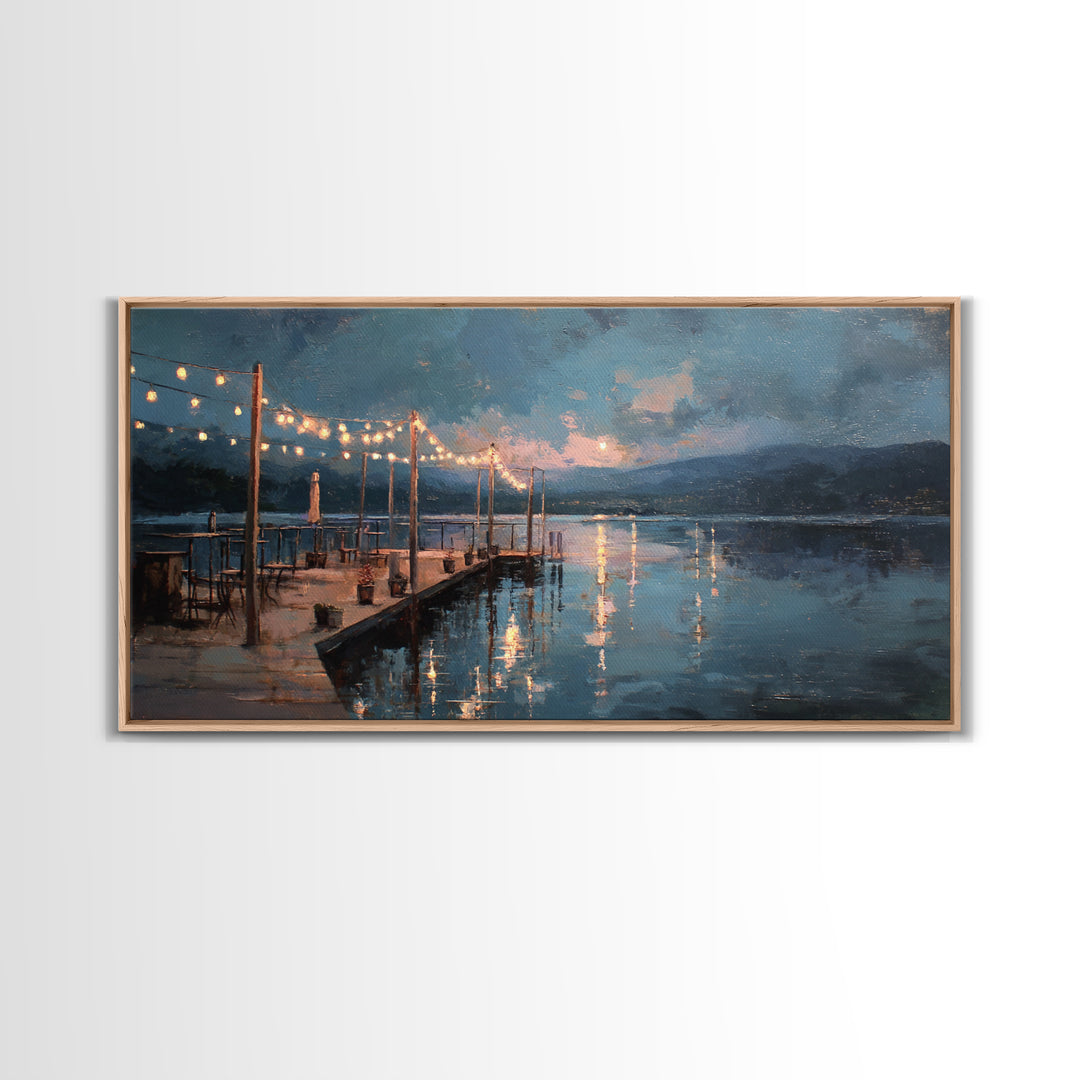 Moonlit Dock With String Lights Framed Canvas Print, Moody Lake Wall Art, Coastal Wall Decor, Rustic Cabin Home Decor, Office Decor