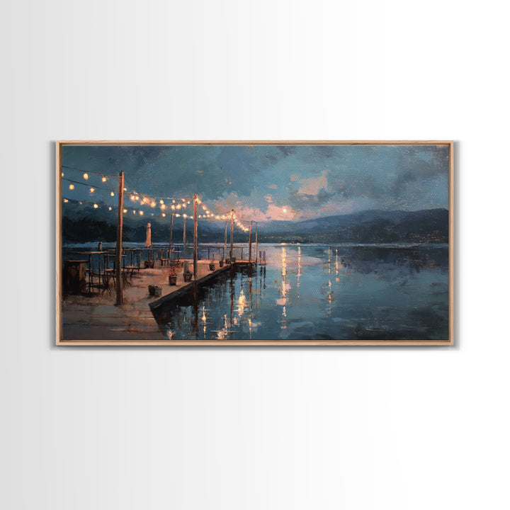 Moonlit Dock With String Lights Framed Canvas Print, Moody Lake Wall Art, Coastal Wall Decor, Rustic Cabin Home Decor, Office Decor