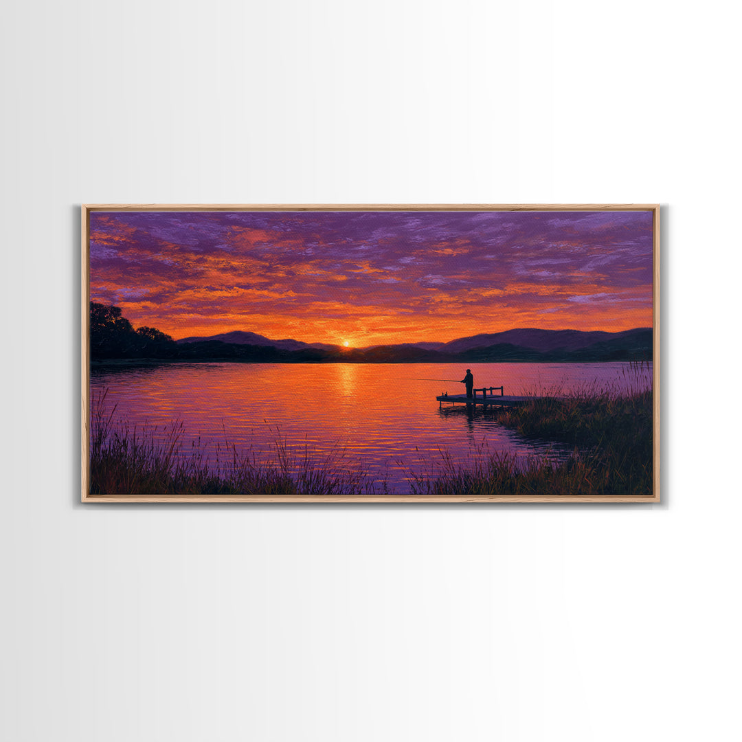 Solitary Figure On Dock At Purple Sunset Wall Art, Framed Canvas Print, Mountain Lake Decor, Peaceful Bedroom Art, Living Room Decor
