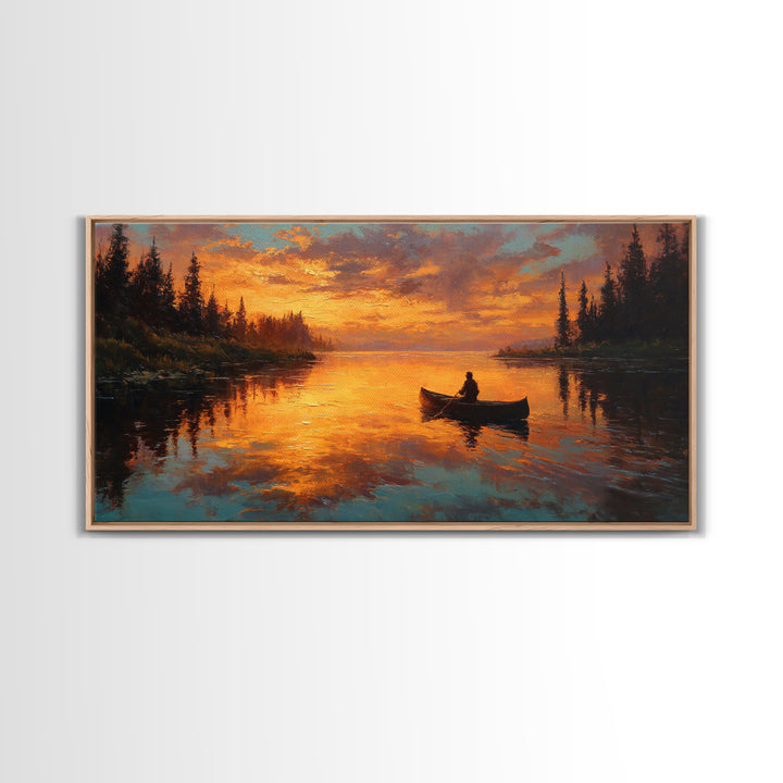 Golden Canoe At Sunset On Quiet Forest Lake Canvas Print, Rustic Cabin Wall Art, Nature Decor, Landscape Painting, Lake House Decor