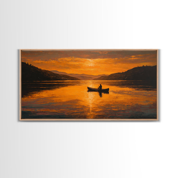 Orange Sunset Lake Boat Silhouette Canvas Print, Rustic Landscape Wall Decor, Serene Cabin Living Room Art, Housewarming Gift