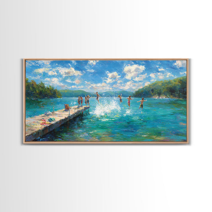 Joyful Summer Kids Jumping Into Blue Lake Artwork, Vibrant Landscape Canvas Print, Wall Art For Family Room And Children's Bedroom Decor