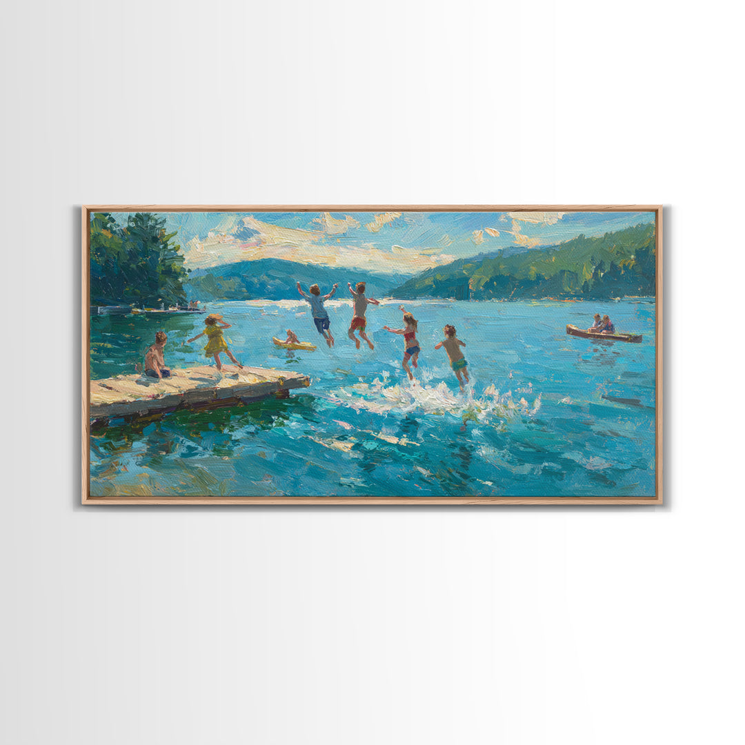 Children Jumping Into Lake On Summer Day With Vibrant Blue Water And Green Landscape Wall Art Canvas Print For Home Decor