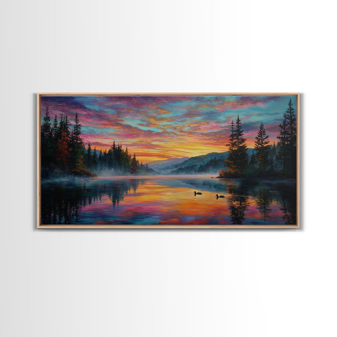 Serene Misty Lake Sunset Landscape Painting Wall Art Canvas Print For Tranquil Living Room Décor