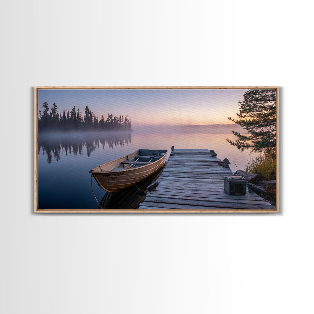 Misty Lake Morning With Boat And Trees Soft Pastel Landscape Wall Art For Rustic Home Decor And Large Framed Canvas Print