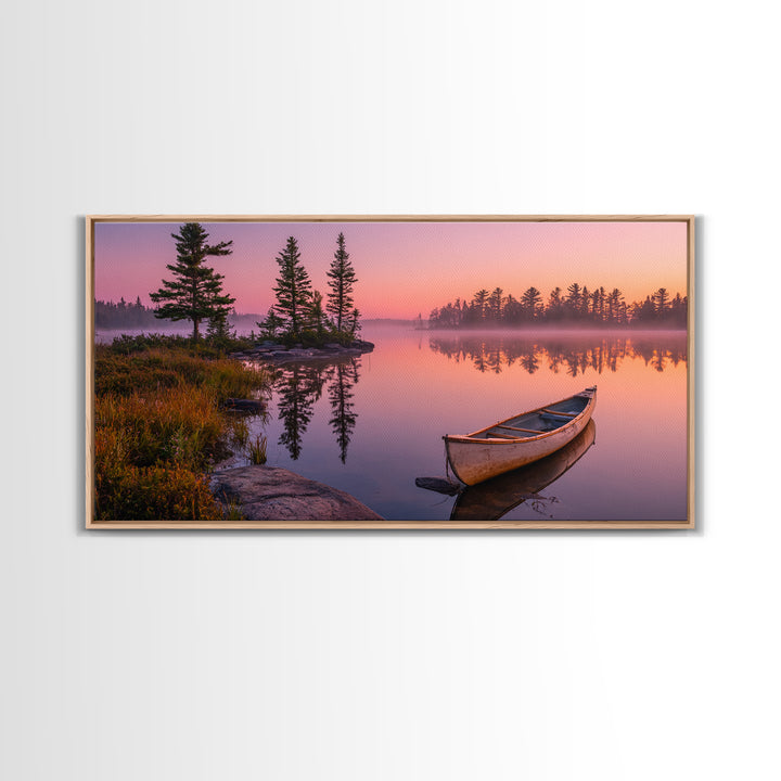 Peaceful Canoe On Misty Calm Lake At Sunrise Nature Wall Art Canvas Print For Tranquil Home Decor