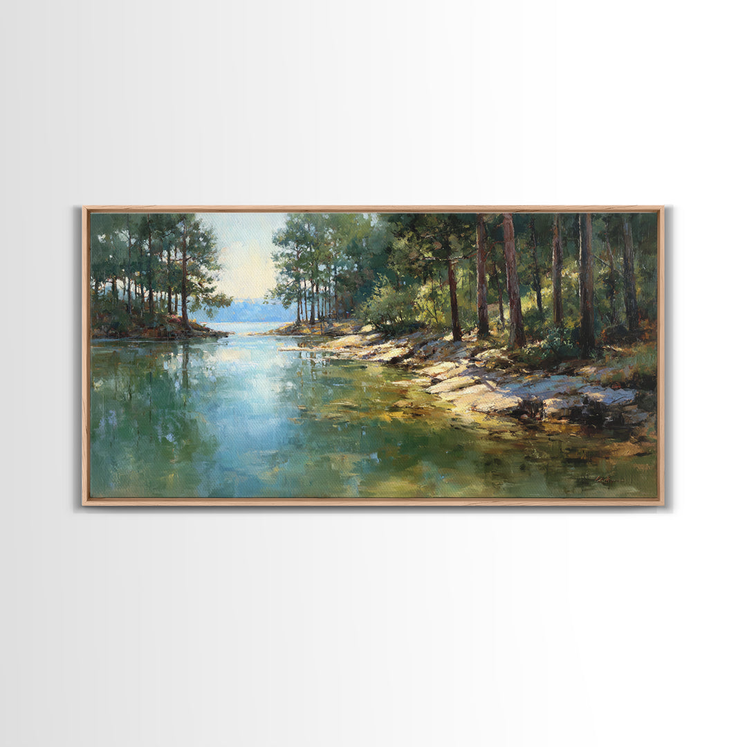 Woodland Landscape Painting With Misty Lake Framed Canvas Print Wall Art Rustic Nature Home Decor Large Art Print