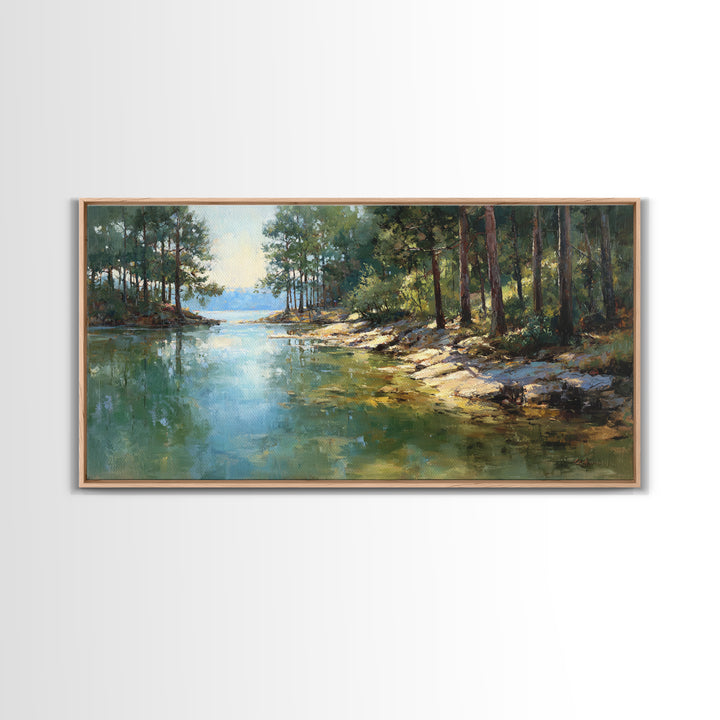 Woodland Landscape Painting With Misty Lake Framed Canvas Print Wall Art Rustic Nature Home Decor Large Art Print