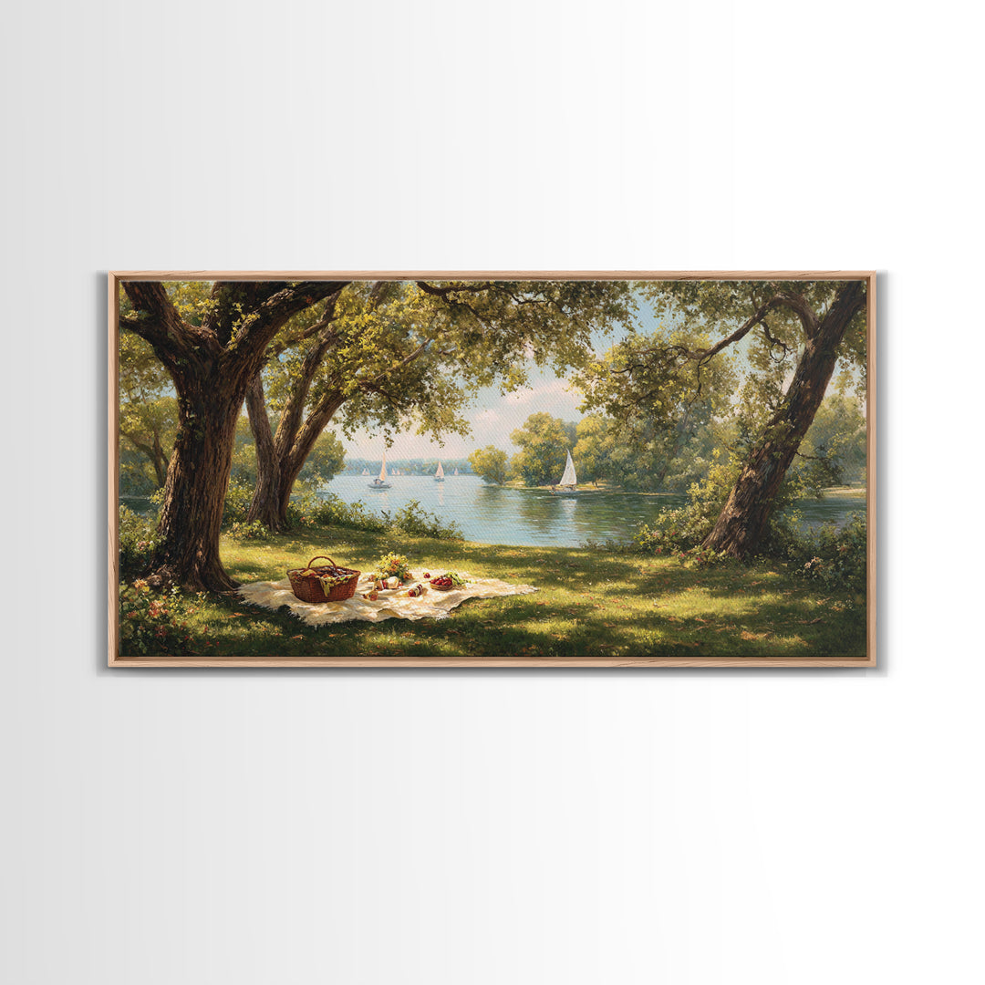 Idyllic Lakeside Picnic Scene With Trees And Sailboats Wall Art Framed Canvas Print For Living Room Decor
