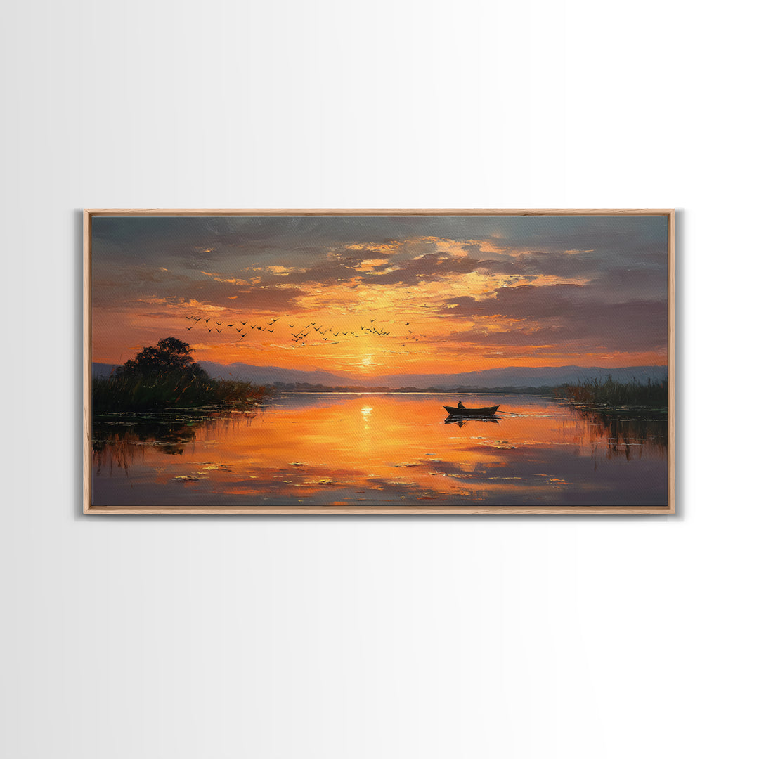 Majestic Sunset Over Calm River With Birds Flying Silhouettes Realistic Painting Wall Art Framed Canvas Print For Serene Decor
