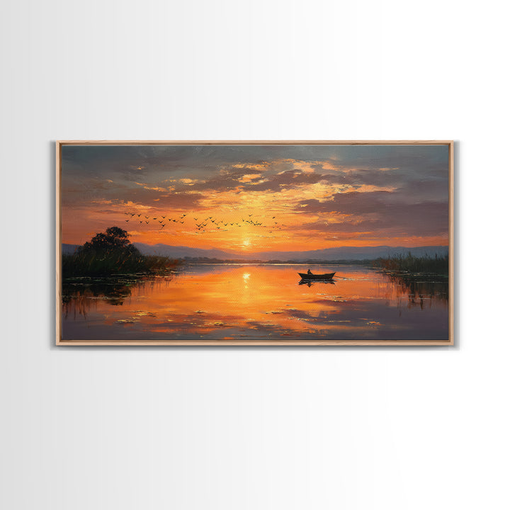 Majestic Sunset Over Calm River With Birds Flying Silhouettes Realistic Painting Wall Art Framed Canvas Print For Serene Decor