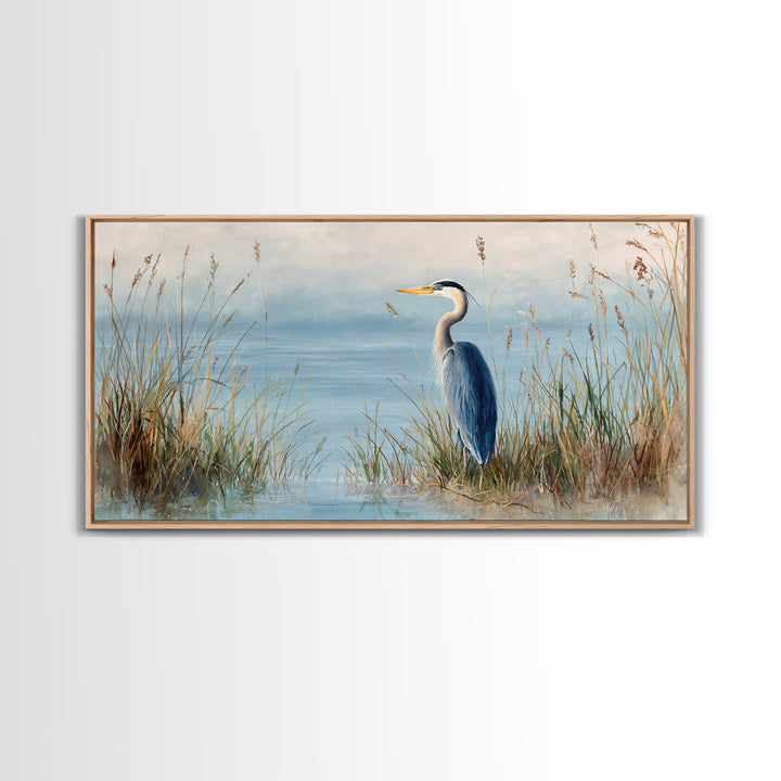 Serene Blue Heron In Marsh Landscape Painting Fine Art Print Framed Canvas Print Coastal Wall Art Quiet Nature Decor