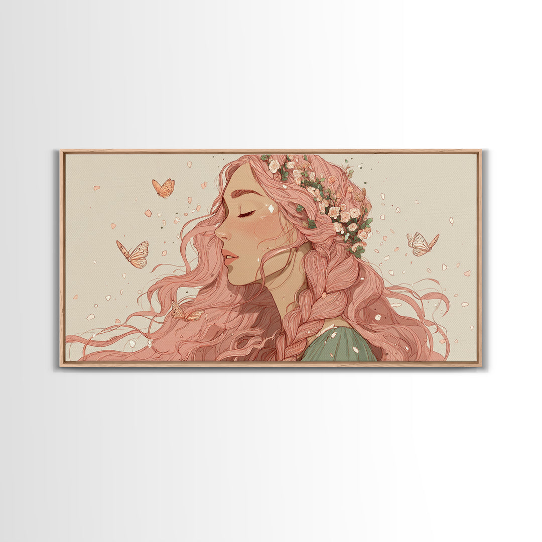 Pink Braided Floral Woman Portrait Wall Art, Feminine Boho Decor, Whimsical Butterfly Canvas Art, Gift For Her, Living Room Decor