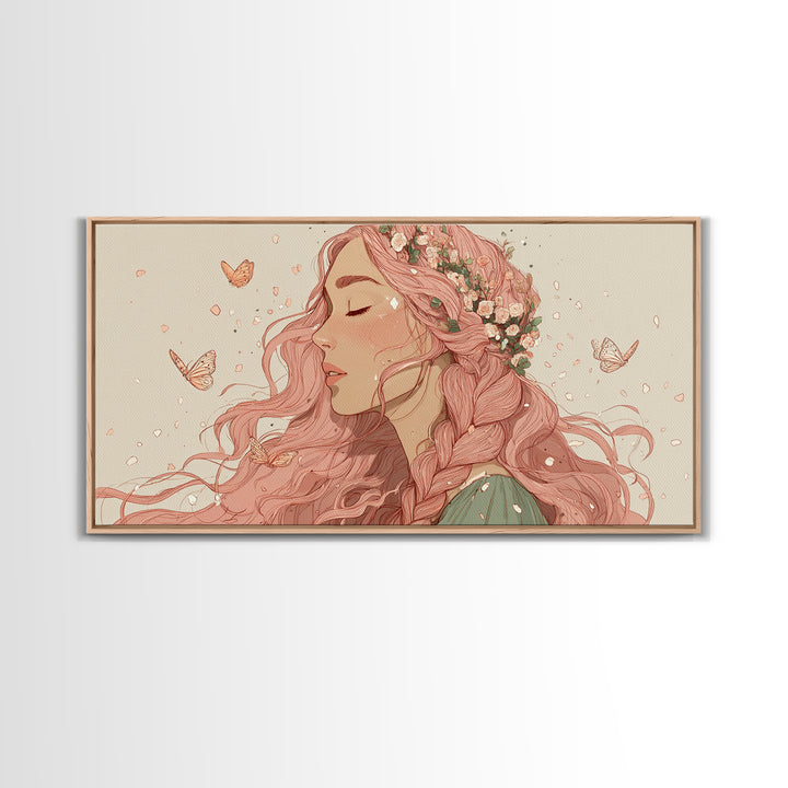 Pink Braided Floral Woman Portrait Wall Art, Feminine Boho Decor, Whimsical Butterfly Canvas Art, Gift For Her, Living Room Decor