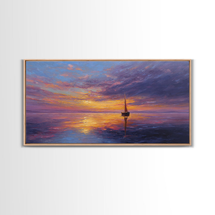 Sailboat Sunset Canvas Print Colorful Seascape Wall Art Modern Coastal Home Decor Nautical Poster