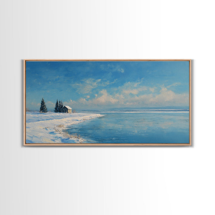 Serene Winter Lake Landscape Painting With Snowy Cabin And Pine Trees Art Print Wall Art Canvas Print For Home Decor