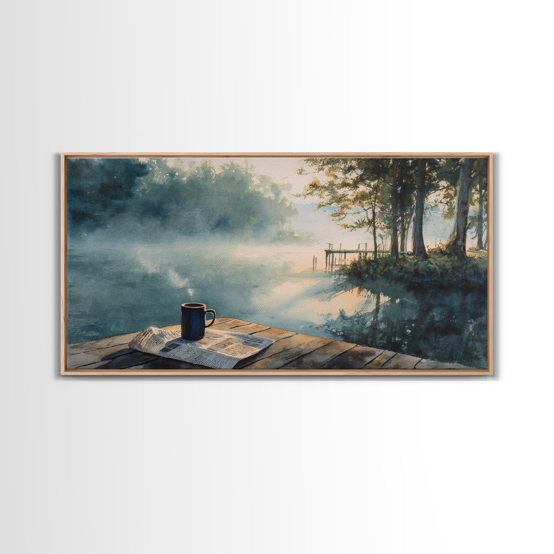Morning Misty Lake With Coffee Cup Rustic Watercolor Painting Wall Art Framed Canvas Print