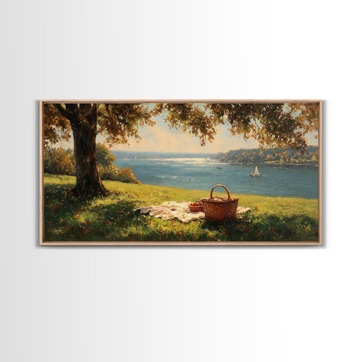 Sunlit Picnic Scene Overlooking Blue Lake With Sailboats Wall Art Framed Canvas Print Coastal Decor
