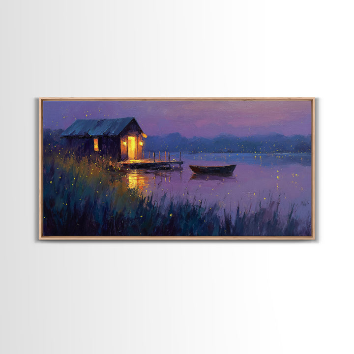 Romantic Evening Lakeside Cabin Oil Painting Wall Art With Fireflies Charming Landscape Decor