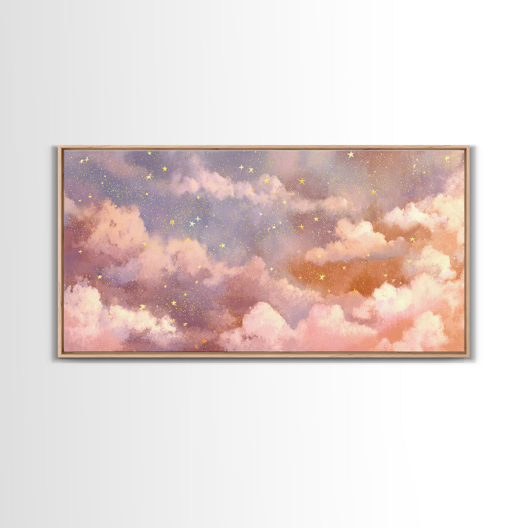 Pastel Celestial Clouds And Gold Stars Canvas Print, Dreamy Nursery Wall Art, Whimsical Decor, Bedroom Wall Decor, Gift For Her