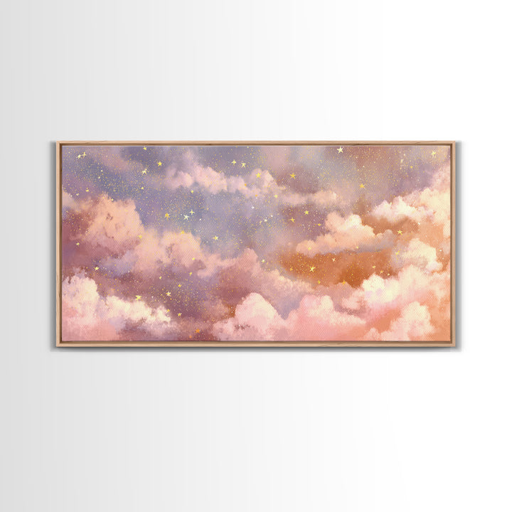 Pastel Celestial Clouds And Gold Stars Canvas Print, Dreamy Nursery Wall Art, Whimsical Decor, Bedroom Wall Decor, Gift For Her