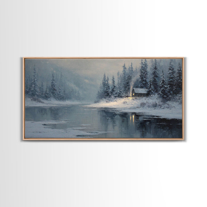 Cozy Cabin In Snow Winter Landscape Painting Oil On Canvas Framed Canvas Print For Home Decor