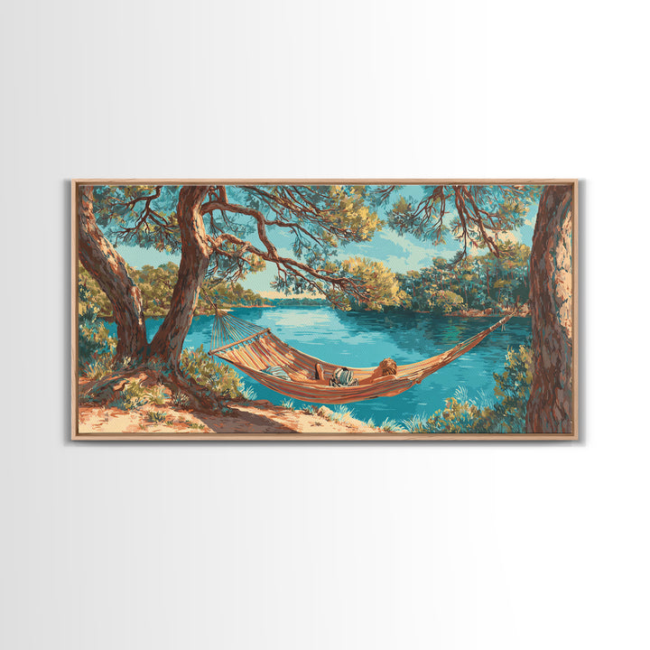 Relaxing Lake Scene With Hammock And Man Reading Wall Art Painting Canvas Print For Tranquil Bedroom Or Living Room Decor