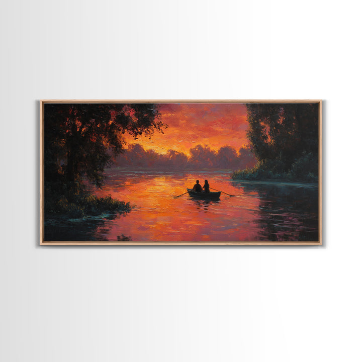 Romantic Couple In Rowboat At Fiery Sunset Lake Scene Oil Painting Wall Art Ideal For Cozy Bedroom Decor Or Rustic Living Room Framed Canvas Print