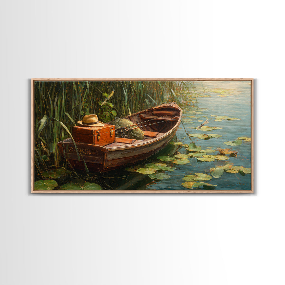Rustic Lake Sunset Landscape With Adirondack Chairs Oil Painting Framed Canvas Print Wall Art