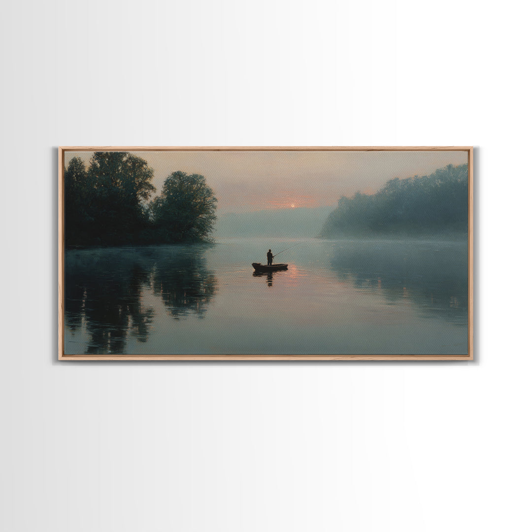Serene Fisherman In Early Morning Mist Over Glassy River Original Oil Painting Wall Art For Living Room Decor