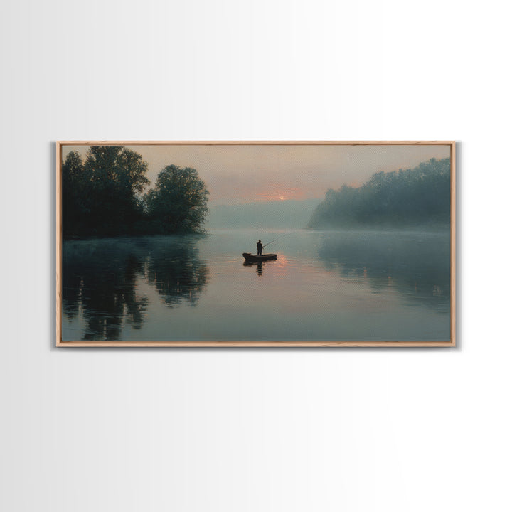 Serene Fisherman In Early Morning Mist Over Glassy River Original Oil Painting Wall Art For Living Room Decor