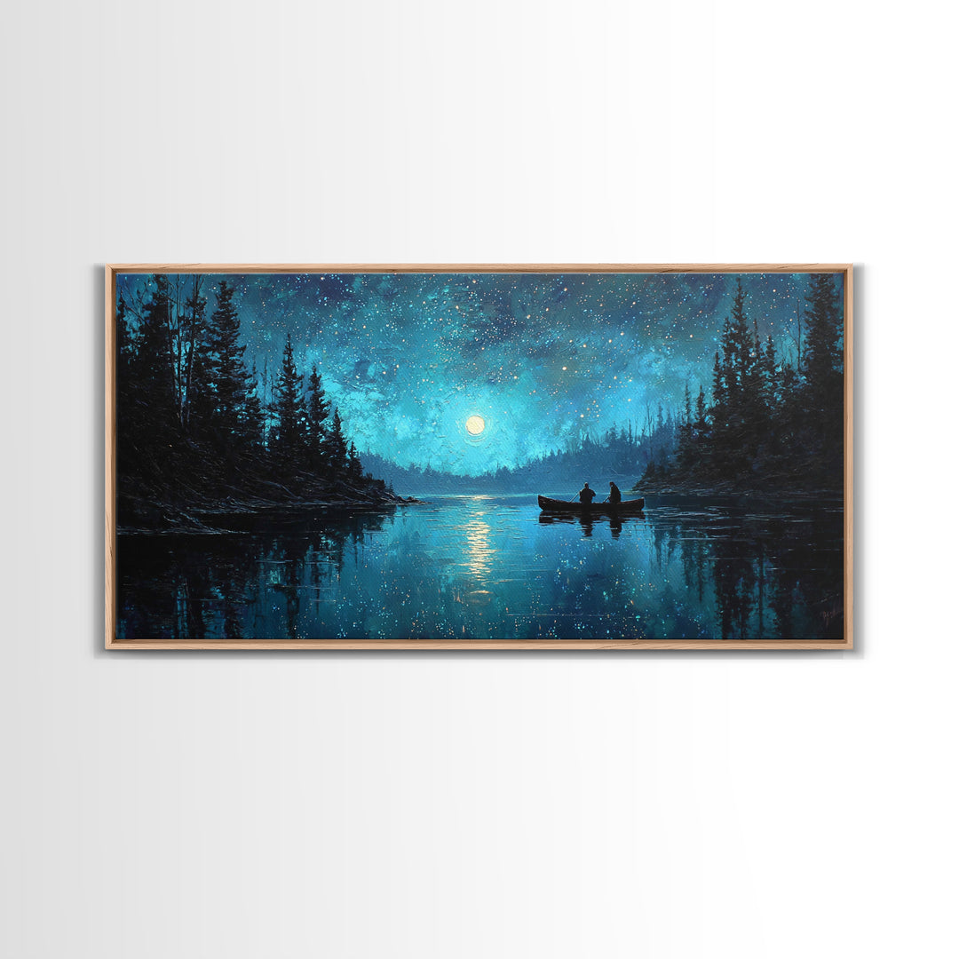 Starry Night Landscape With Canoeists On A Moonlit Lake Original Oil Painting Wall Art