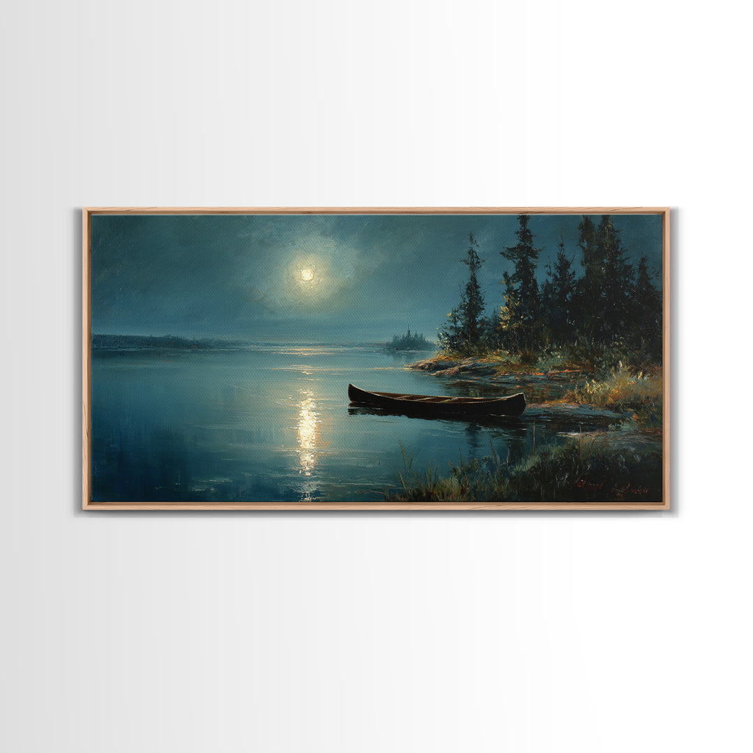 Calm Moonlit Lake Scene With Canoe And Forest Landscape Original Painting Wall Art Canvas Print Home Decor