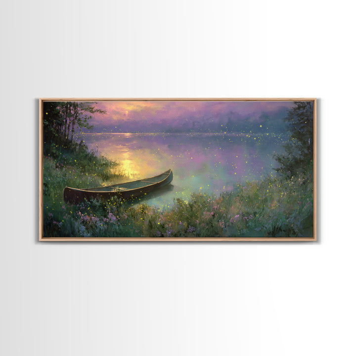 Serene Canoe On Misty Lake With Fireflies At Twilight Framed Canvas Print Tranquil Landscape Wall Art
