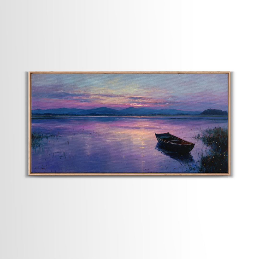 Peaceful Sunrise With Boat On Calm Lake Landscape Painting Large Wall Art For Living Room